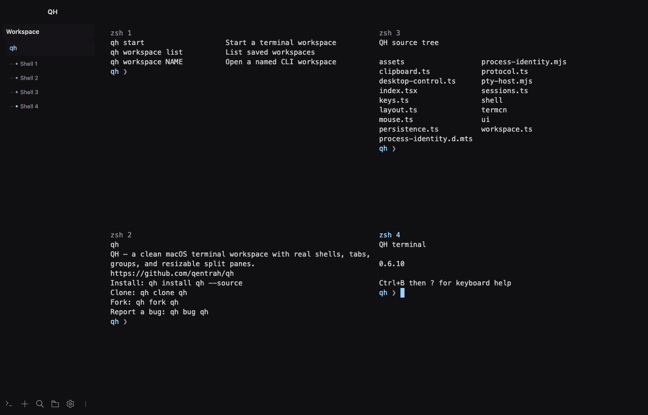QH on macOS with four live shell sessions