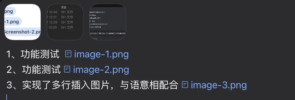 在文字中插入图片胶囊:1、功能测试 image-1.png / 2、功能测试 image-2.png / 3、实现了多行插入图片,与语义相配合 image-3.png