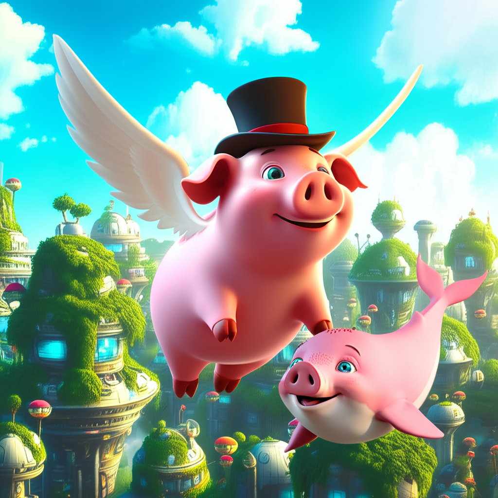 Flying pig with baby whale