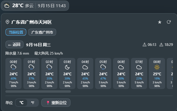 点击某天查看的逐小时天气详情