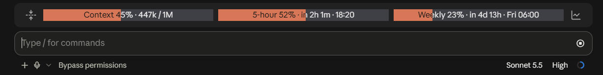 usage-mod screenshot: three usage bars above the prompt, with an icon button at each end