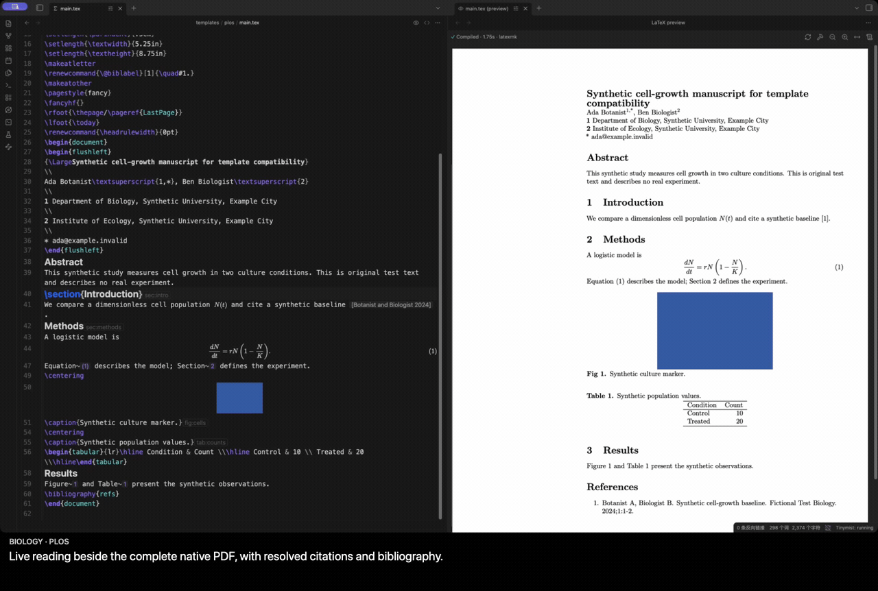 Biology and physics journal templates in live reading mode
