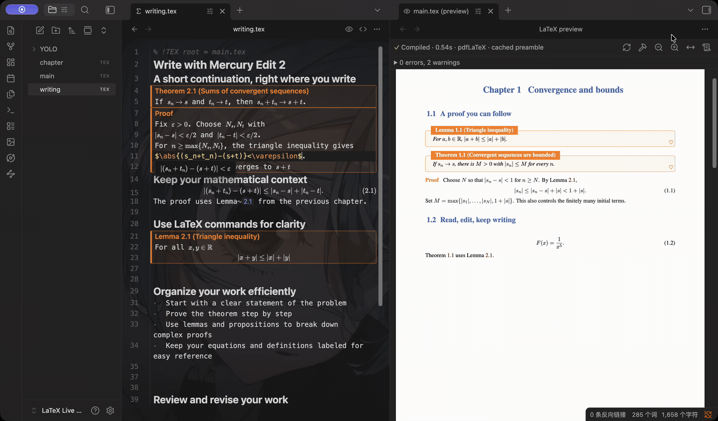 Native PDF-to-source navigation across chapter files at normal speed