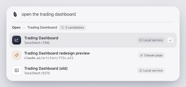 Three candidates for the trading dashboard; arrow keys move the selection and Return opens it