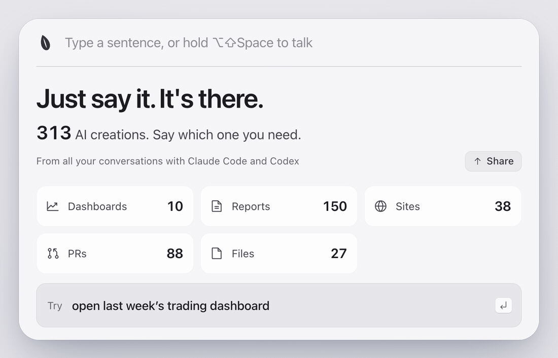 Sesame's first run: 'Just say it. It's there.' with a count of 313 AI creations rolling up from zero, split into dashboards, reports, sites, PRs and files
