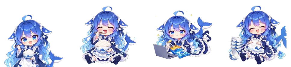 The whale girl standing, snacking, slacking off with chips, and asleep among her empty bowls