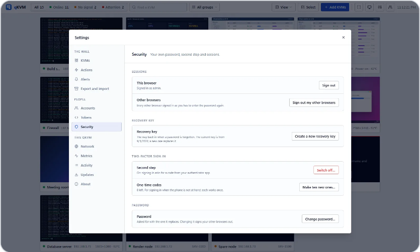 Settings: sessions, the recovery key, two-factor sign-in and the password.