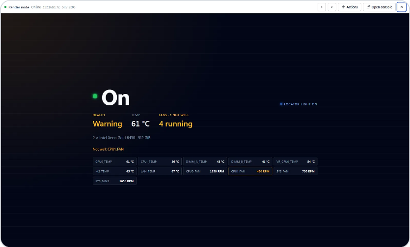A server's own tile: switched on, a warning, its temperatures and its fans.