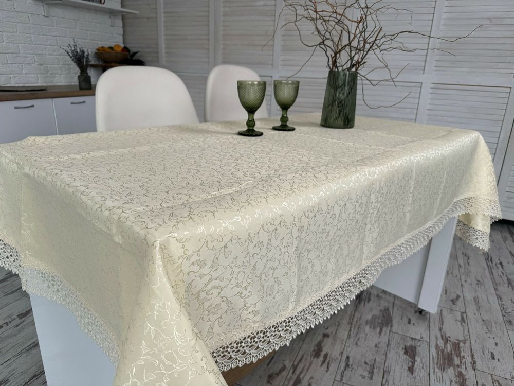 Скатертина святкова з мереживом 150x220 см тканинна 3385-db PB1628