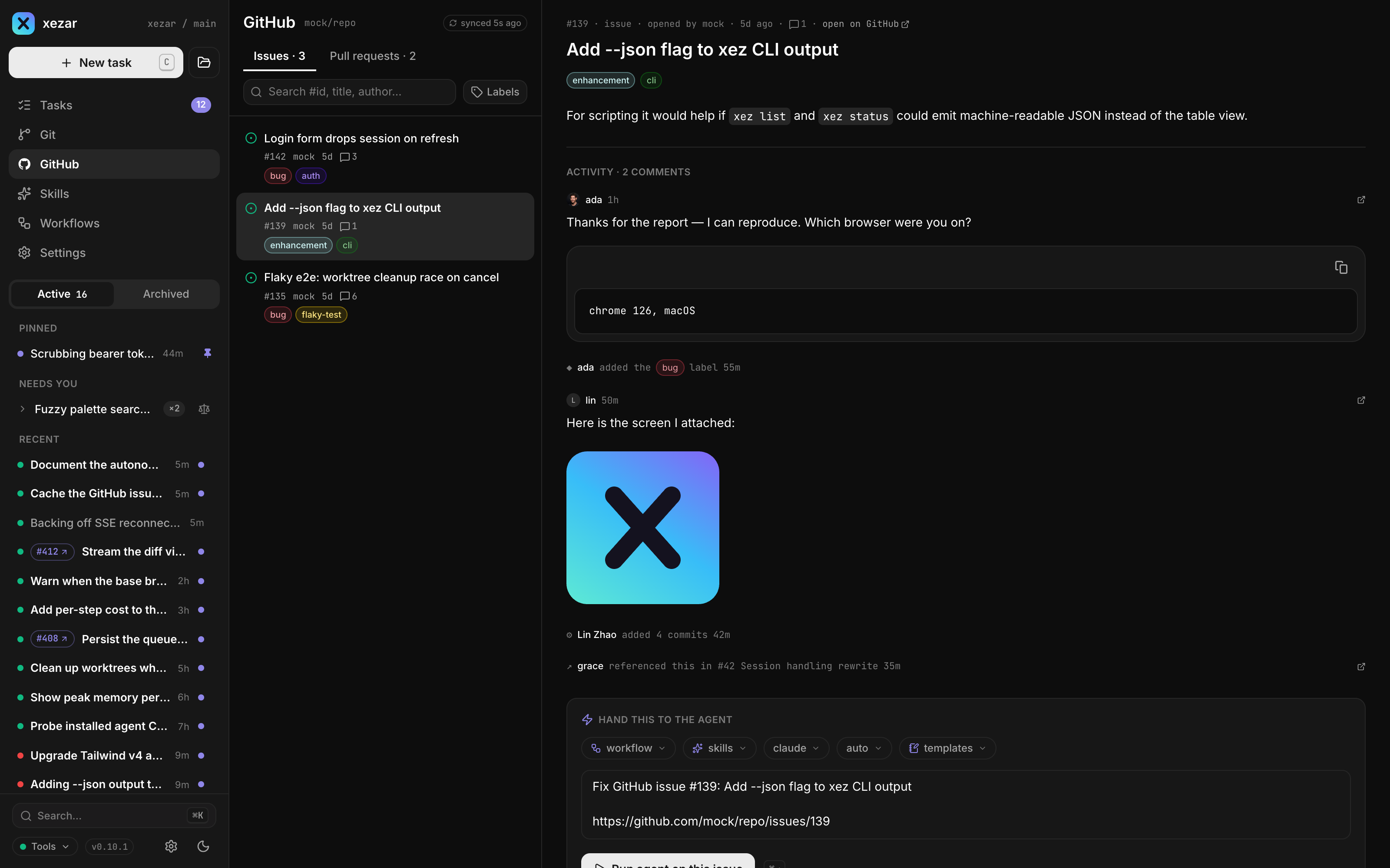 The GitHub tab — hand an open issue to the agent with a workflow and skills