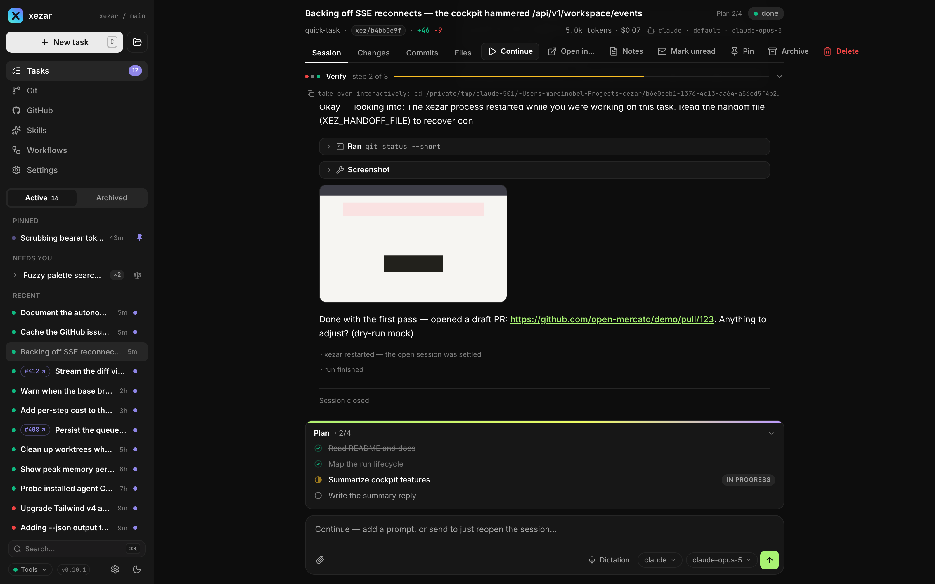 A running task streaming agent text, tool calls and screenshots live