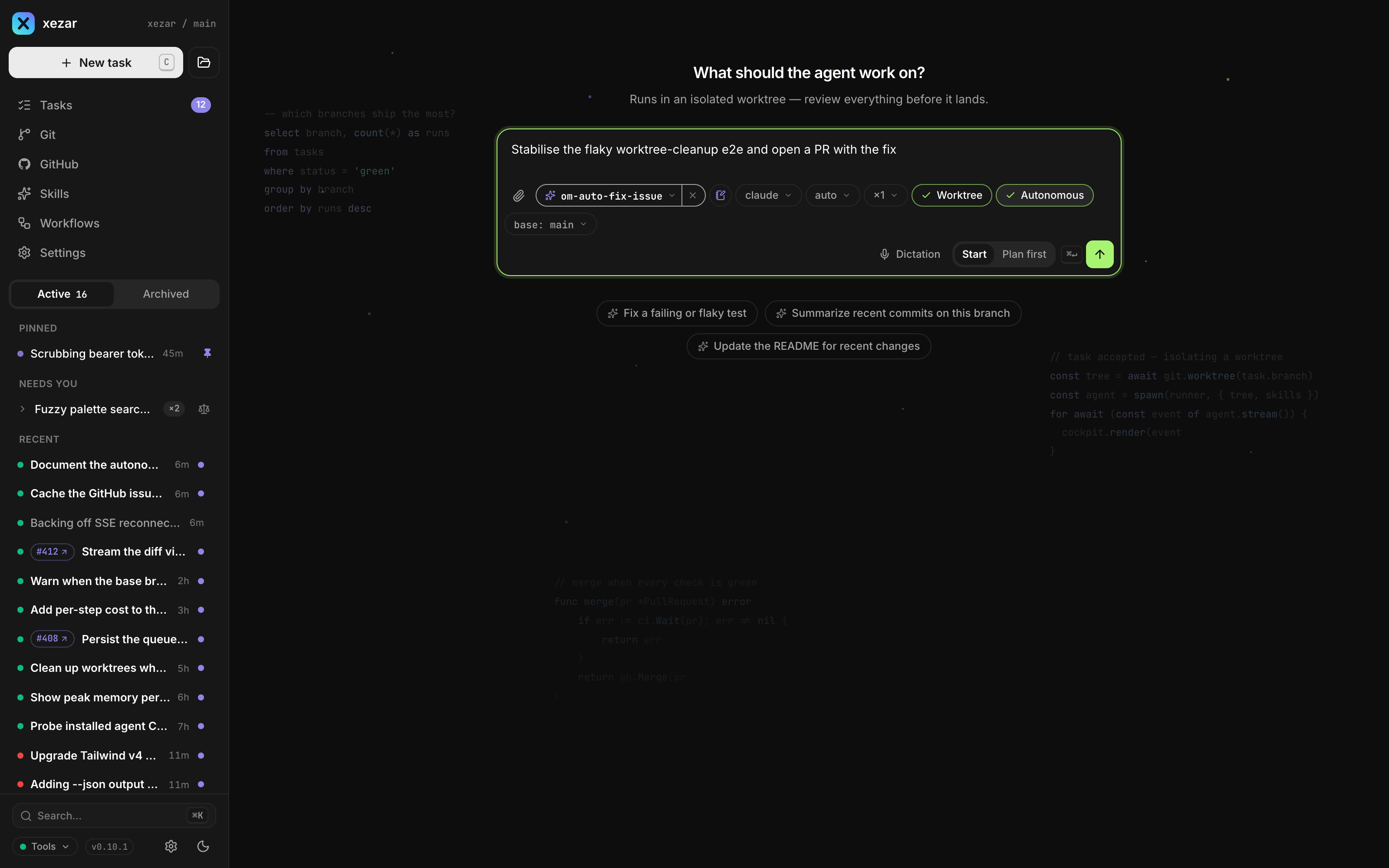 The task composer — pick a skill playbook and flip the Autonomous flag to run unattended