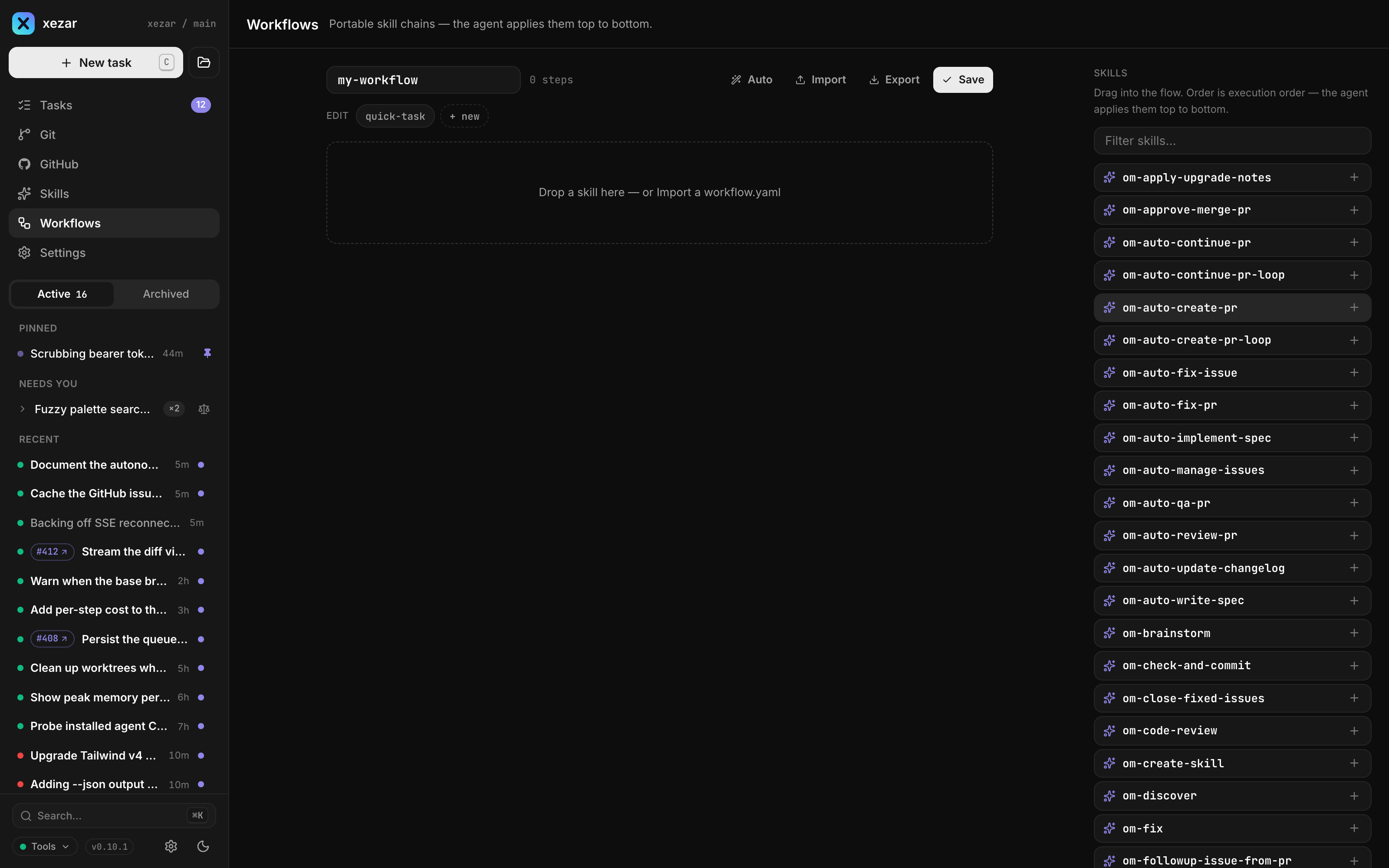 The workflow builder — drag skills into an ordered chain of agent steps and shell checks