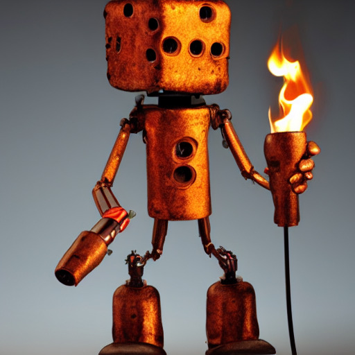 rusty robot holding a torch