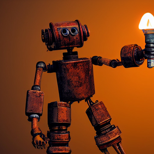 rusty robot holding a torch