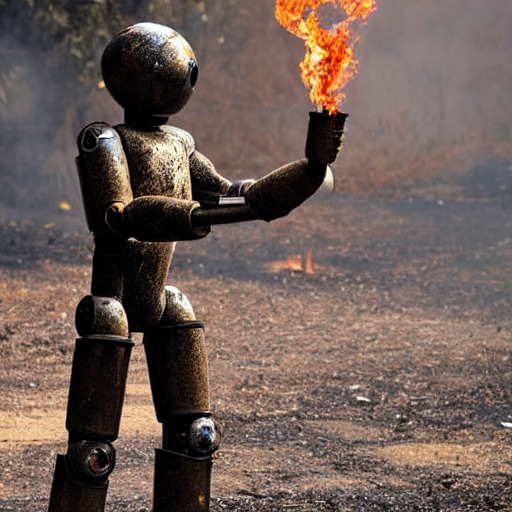 rusty robot holding a torch