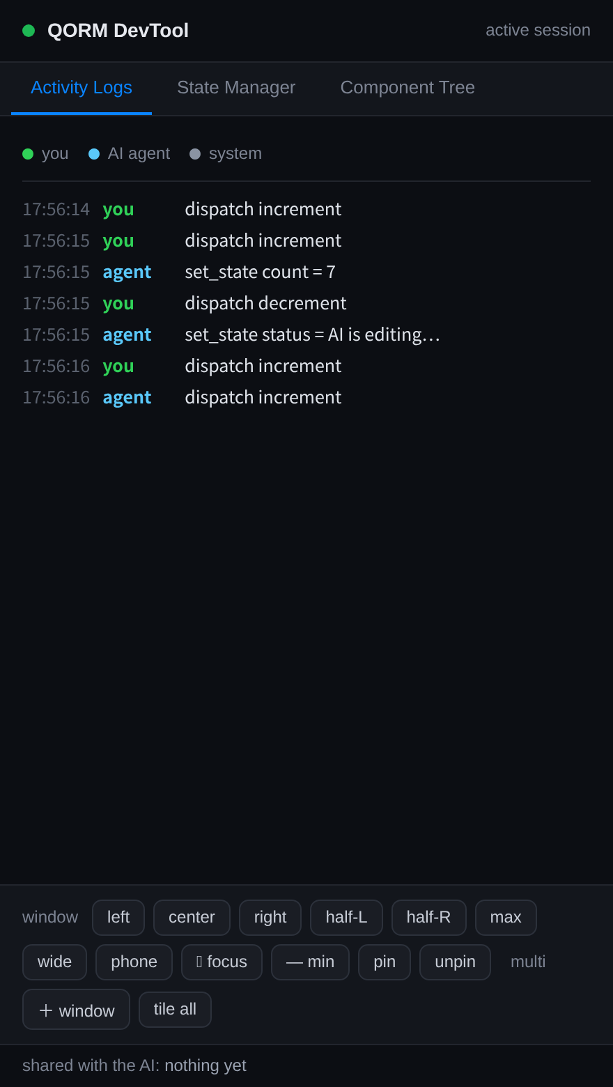 The activity panel: human (you) and AI agent actions in one shared session