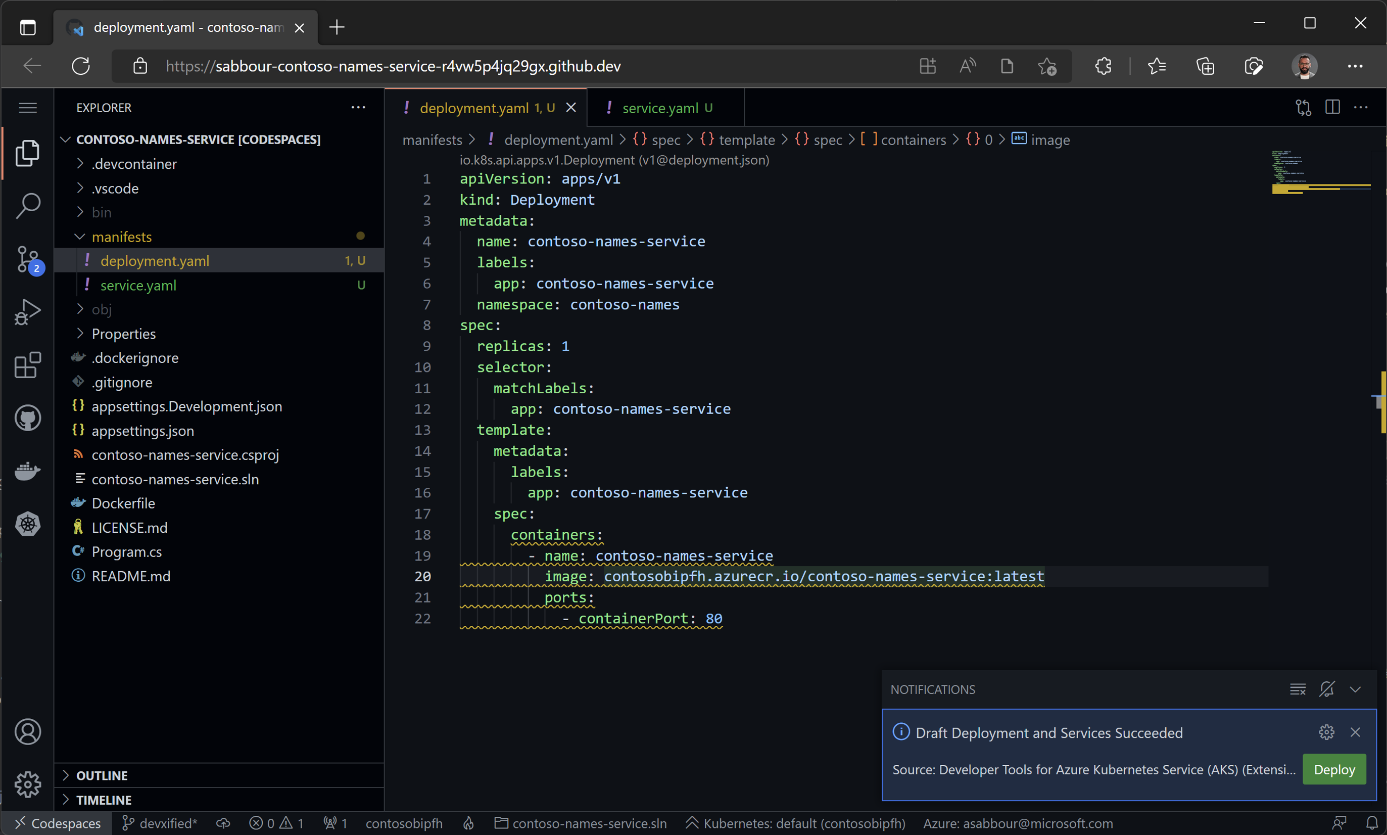 Generated deployment and service