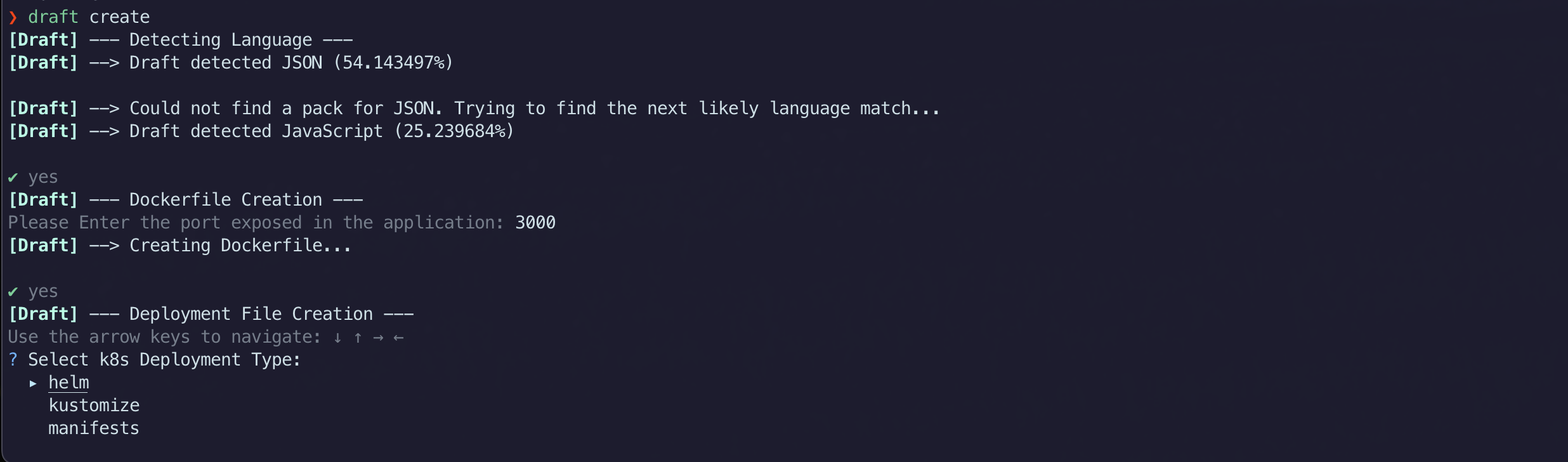 example of draft create command showing the prompt "select k8s deployment type" with three options "helm", "kustomize", and "manifests"