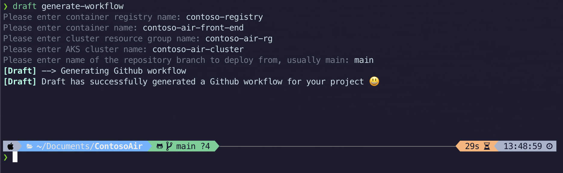 screenshot of command line executing "draft generate-workflow" printing "Draft has successfully genereated a Github workflow for your project"