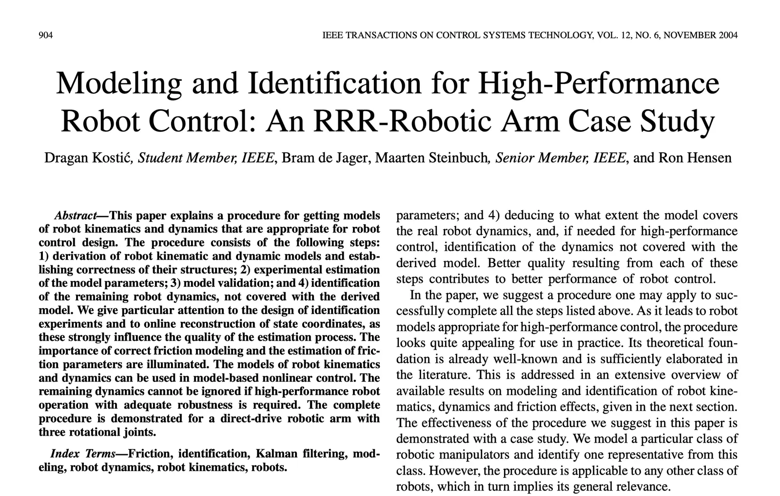 Kostić 等人的 RRR 机械臂建模与辨识论文（IEEE TCST 2004）