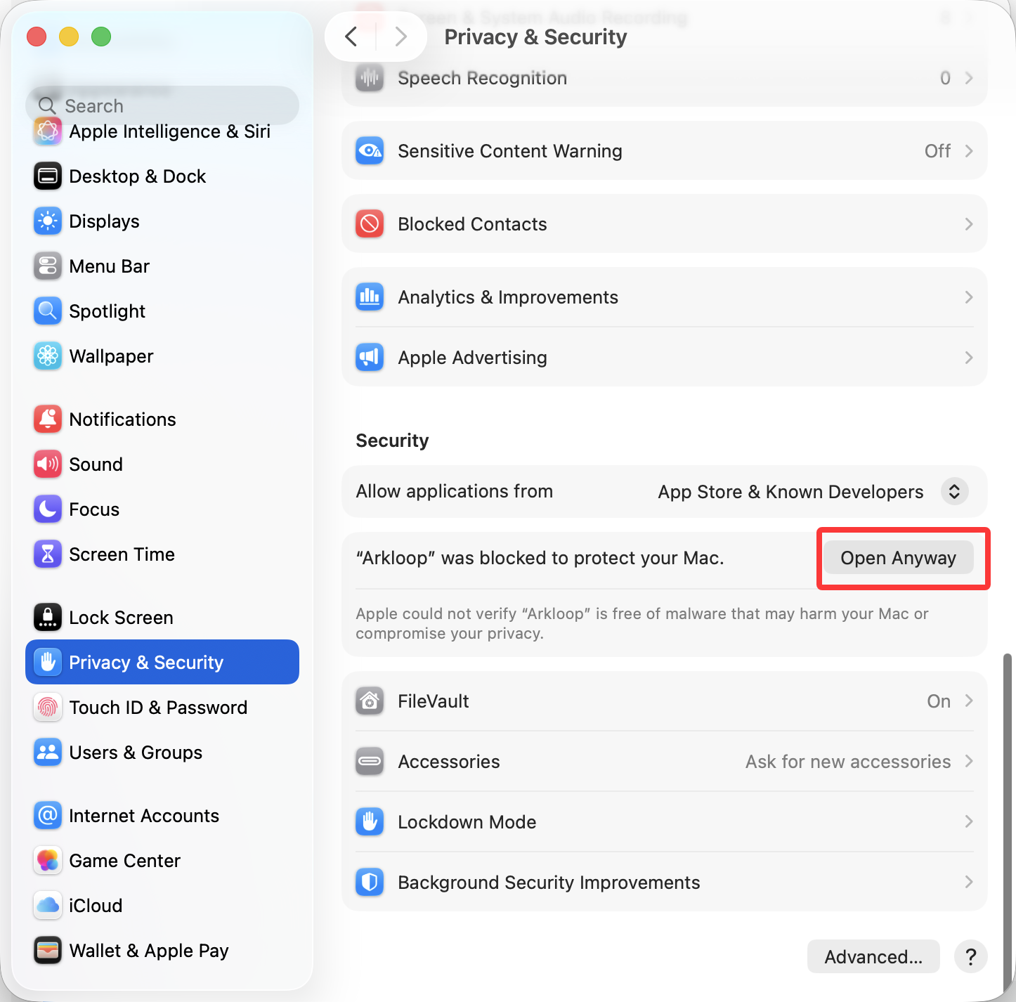 Privacy & Security, Open Anyway