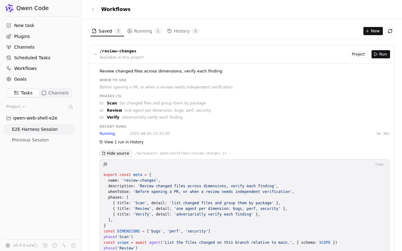 Saved workflow expanded in place: description, when to use, phases, recent runs, script path, and highlighted source