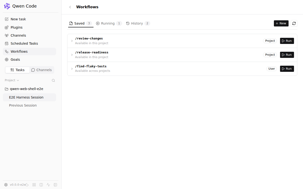 Workflows page, Saved tab: three saved workflows with scope badges, Run actions, and the New button