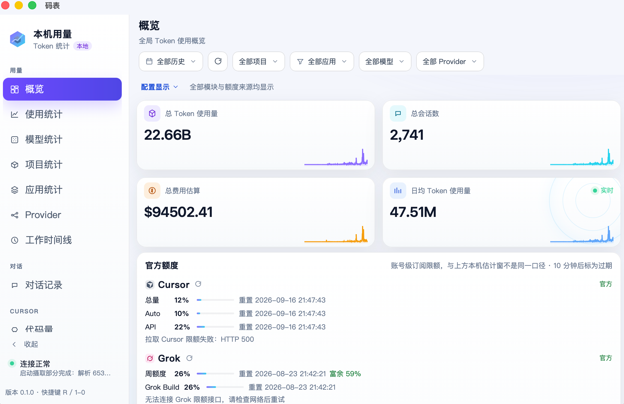 码表总览：本机 Token、会话数与官方额度