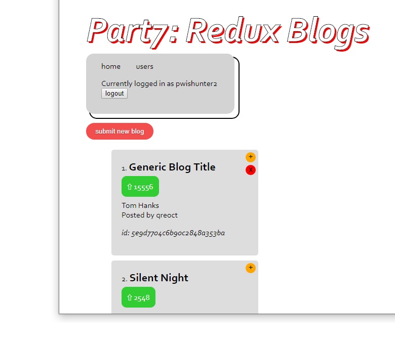 Screenshot of part 7 exercise: redux-blog