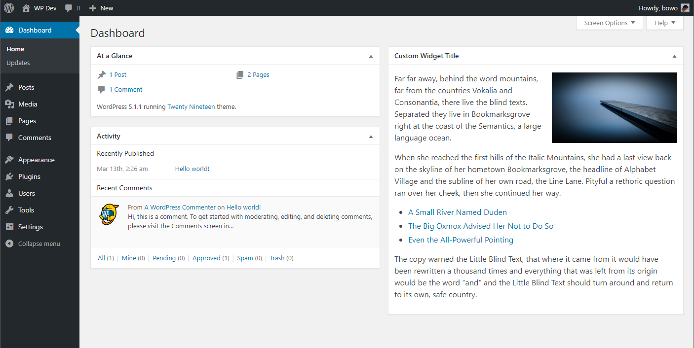 Dashboard widget appearance