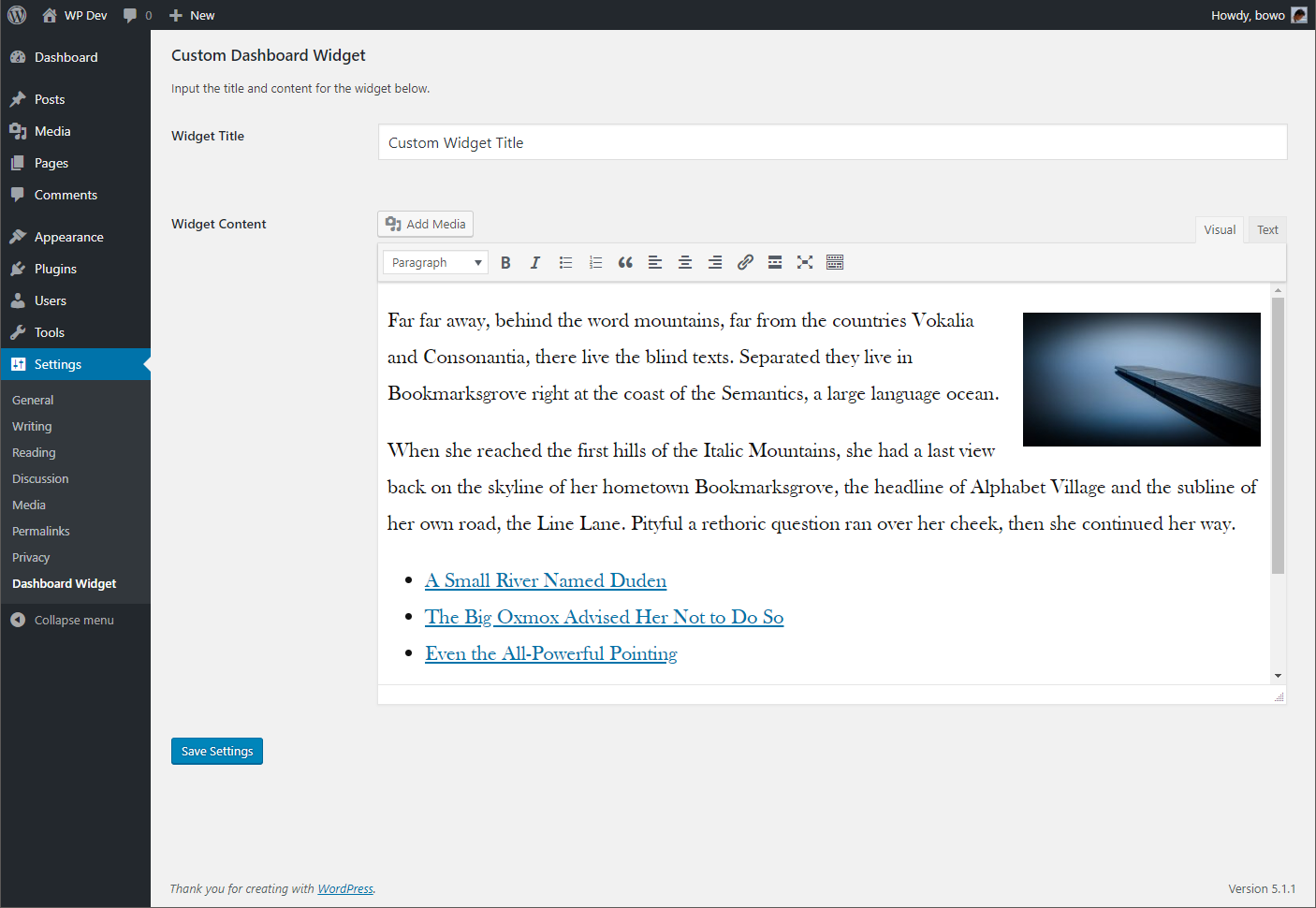Dashboard widget settings for title and content
