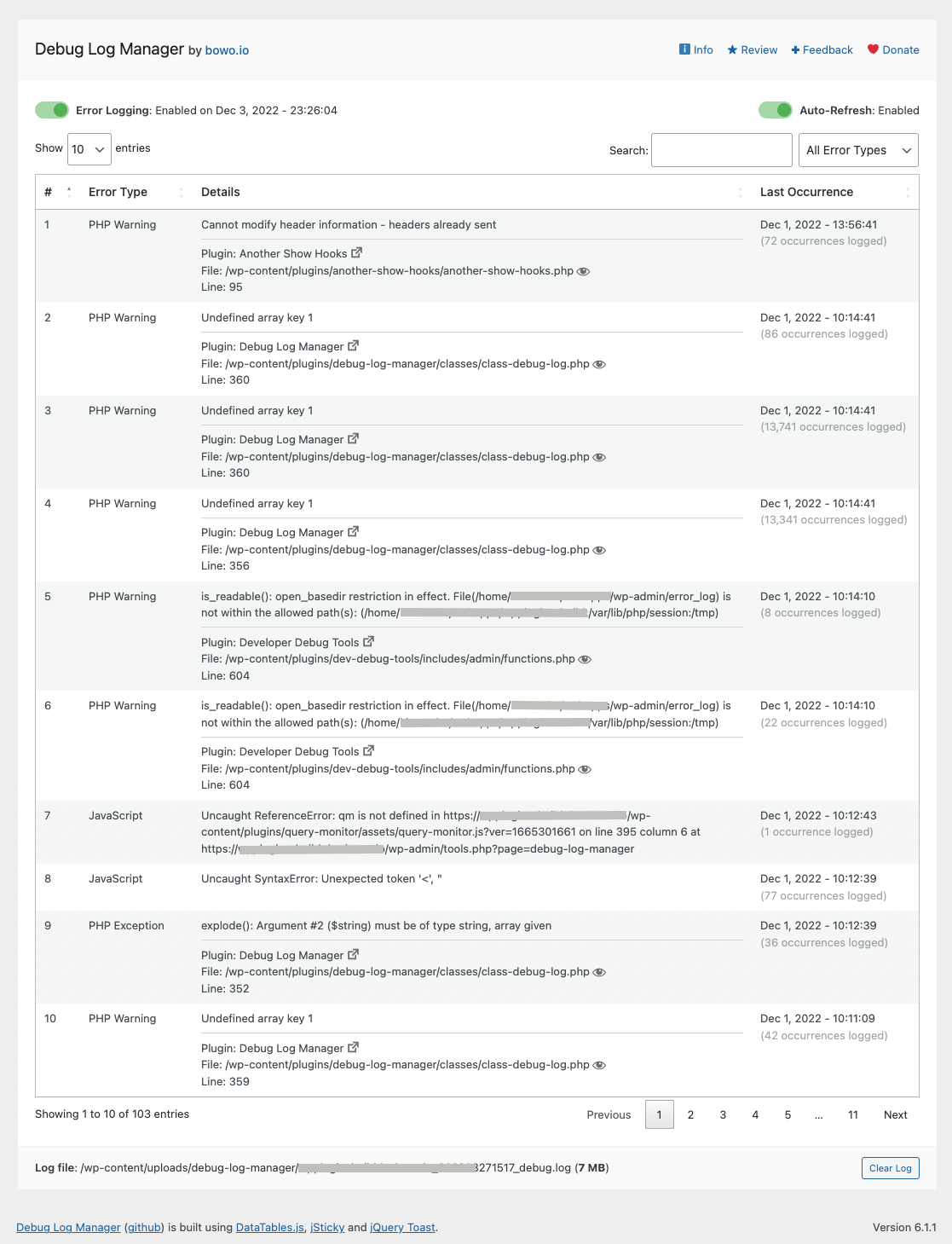 Debug Log Manager main page