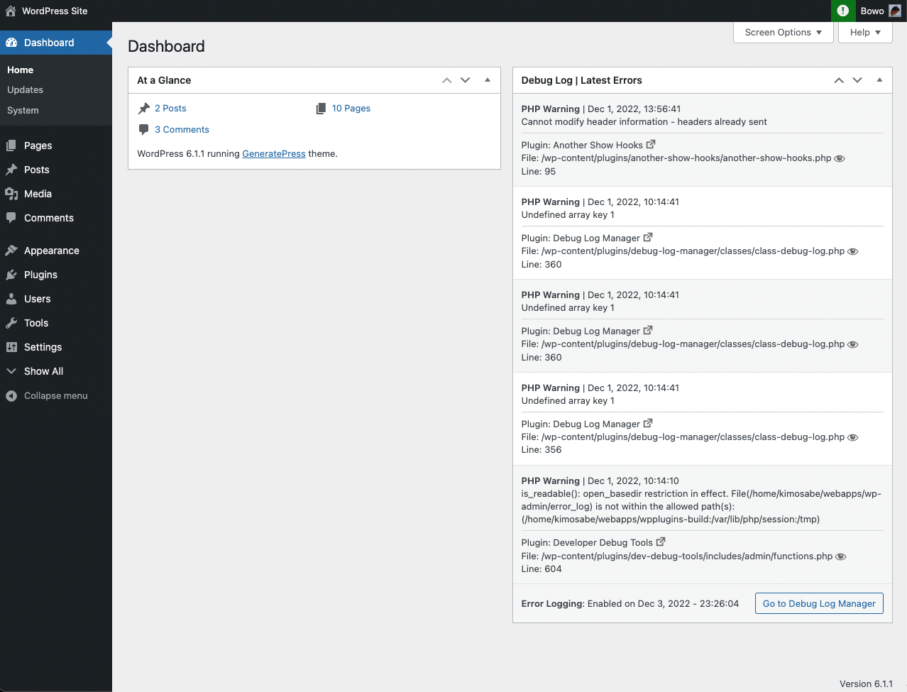 Admin bar indicator and dashboard widget