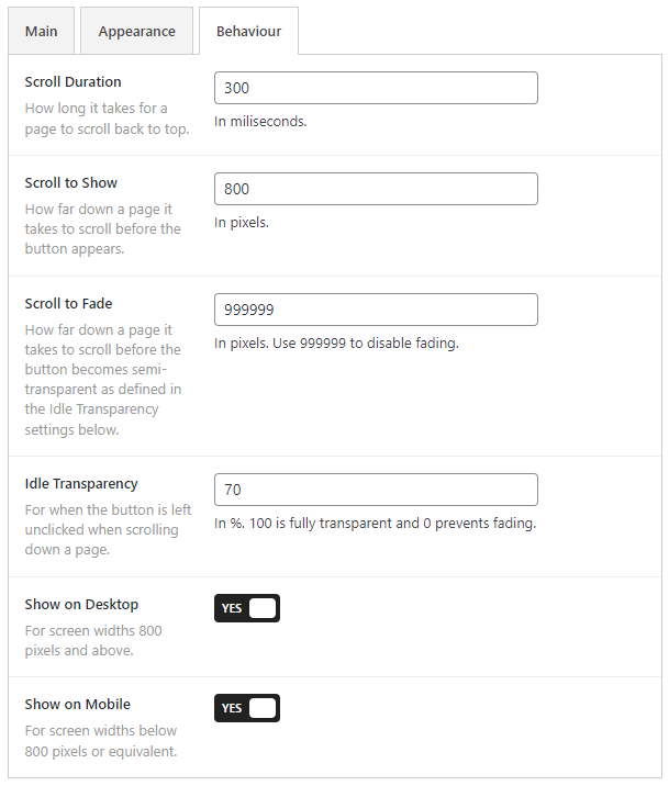 Behaviour options