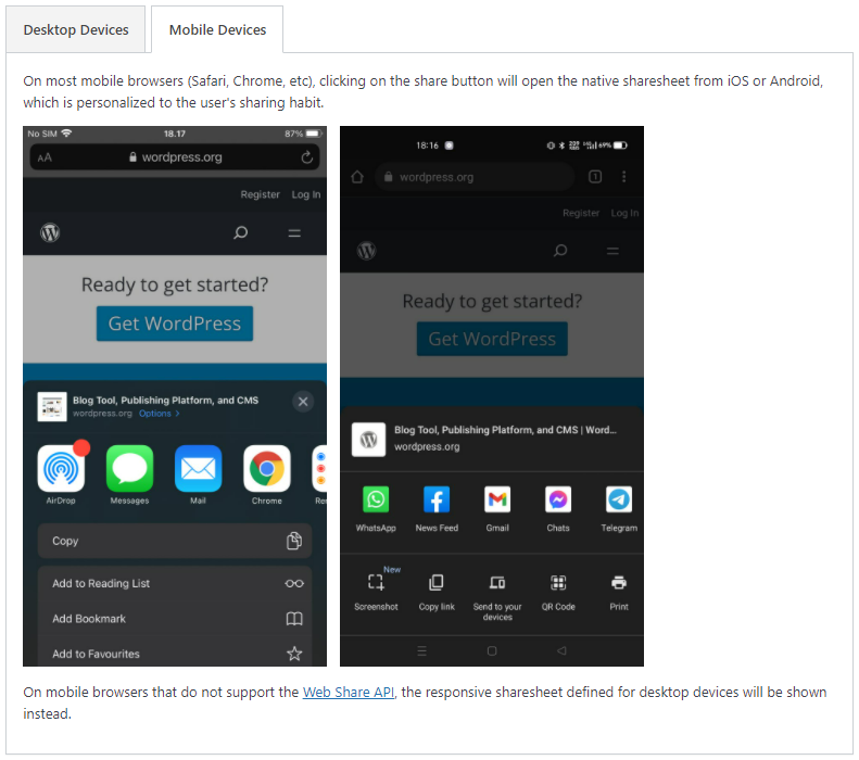 Screenshots of the native iOS and Android sharesheet