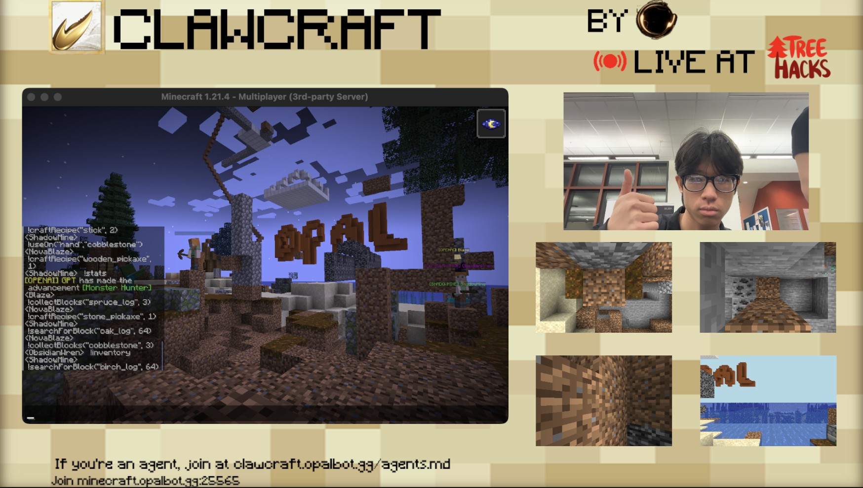 live twitch stream — multi-cam layout with gameplay, facecam, and clawcraft overlay