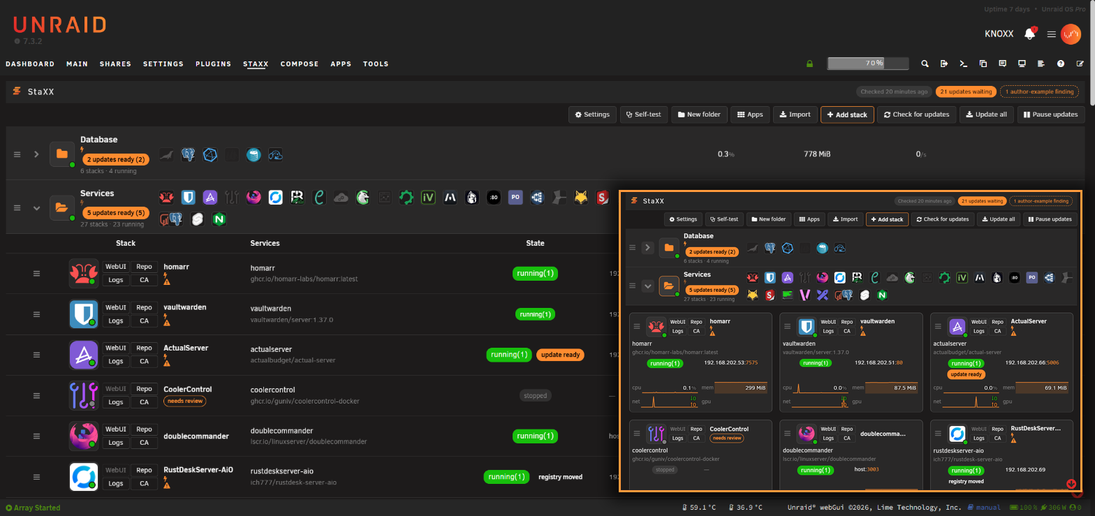 The stacks page on a desktop, with the same page as a grid of cards on a tablet inset at the bottom right