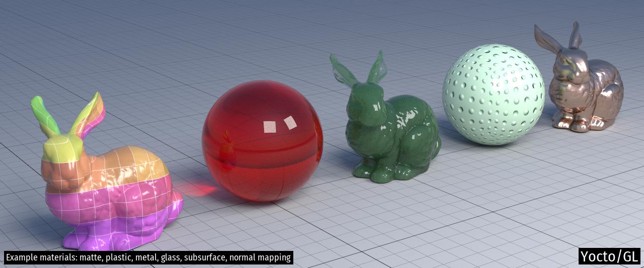 Example materials: matte, plastic, metal, glass, subsurface, normal mapping