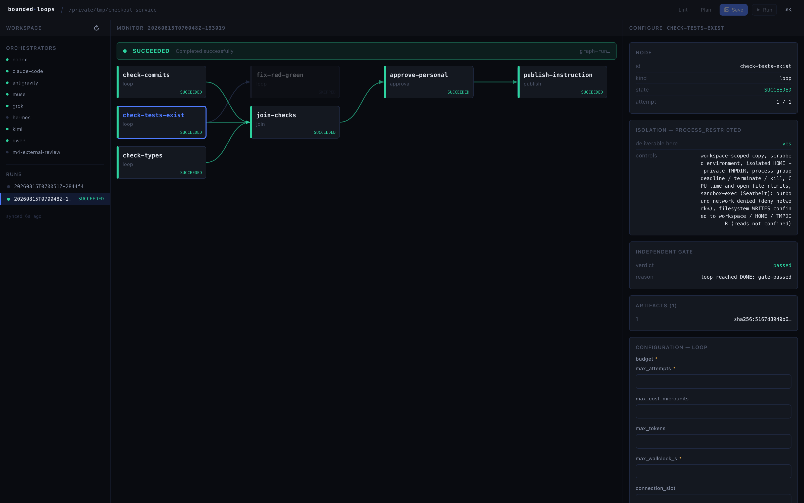 Node detail showing enforced isolation controls, the gate verdict, and the artifact digest