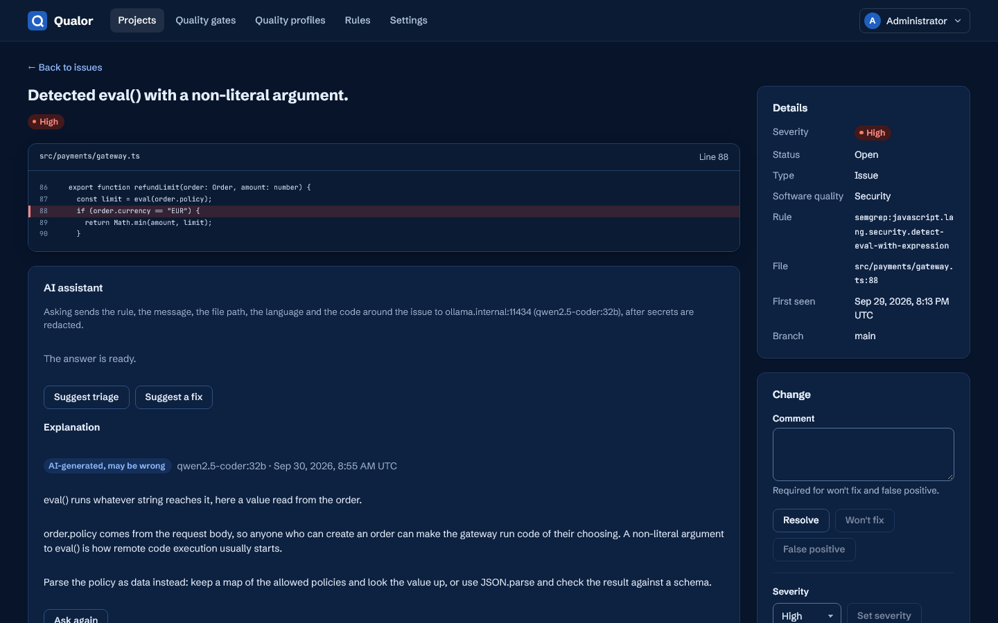 An issue with the code around it and the optional AI assistant's explanation of the finding and how to fix it
