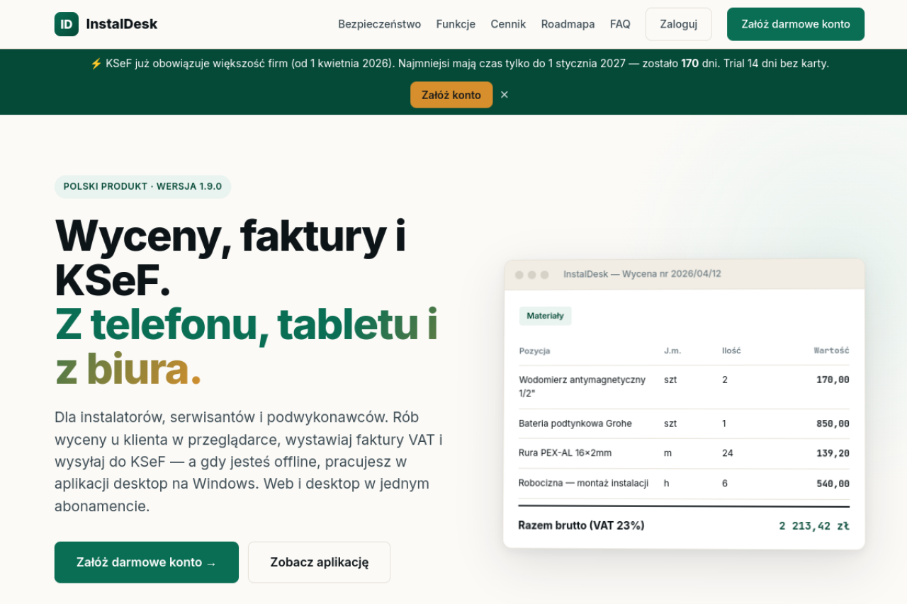 InstalDesk β invoicing, offers & KSeF SaaS for Polish contractors