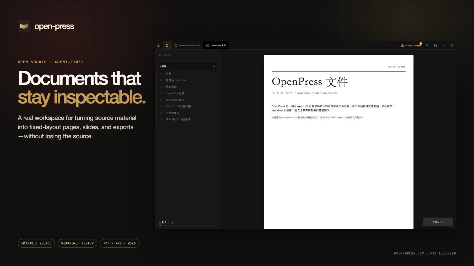 open-press product introduction showing the document workbench