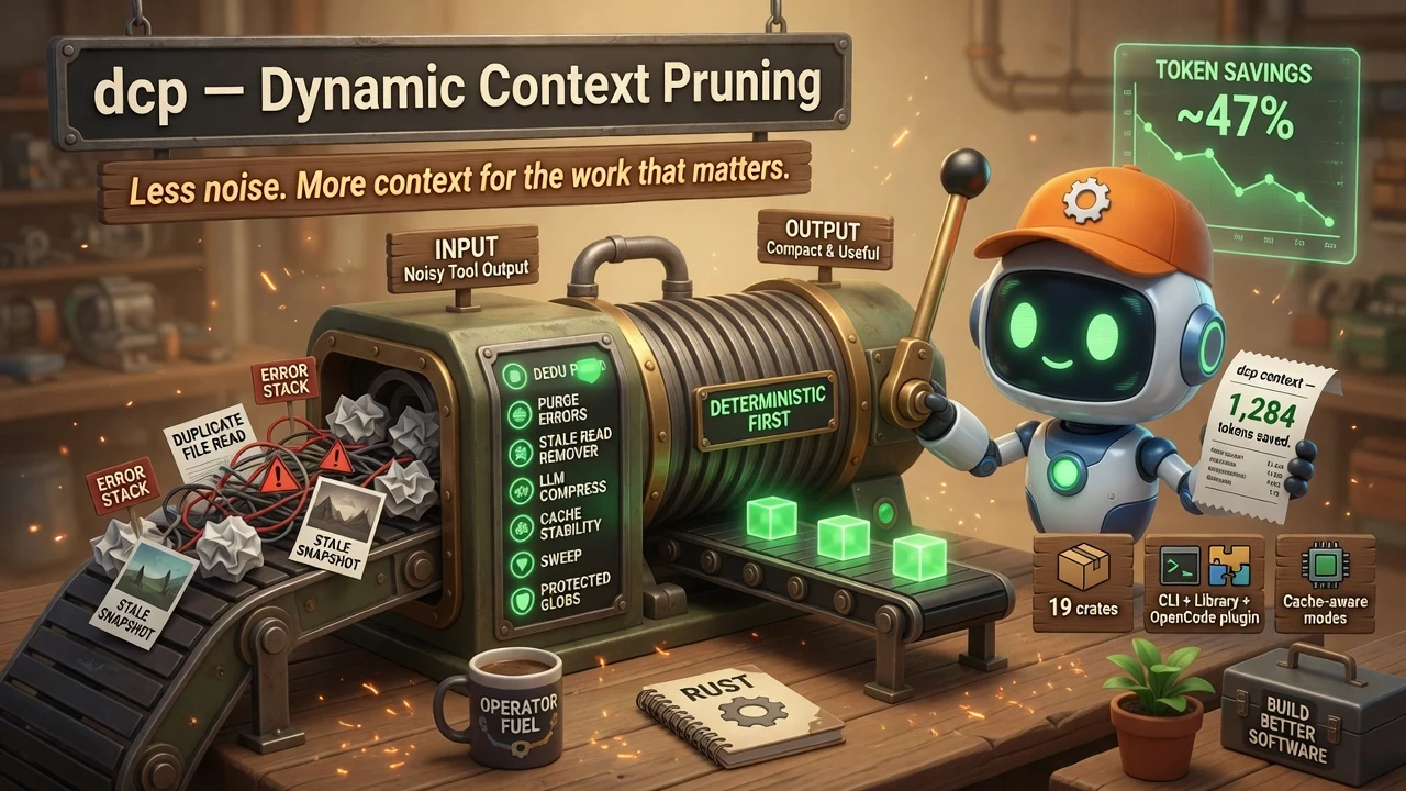 dcp — deterministic + LLM context pruning for coding agents