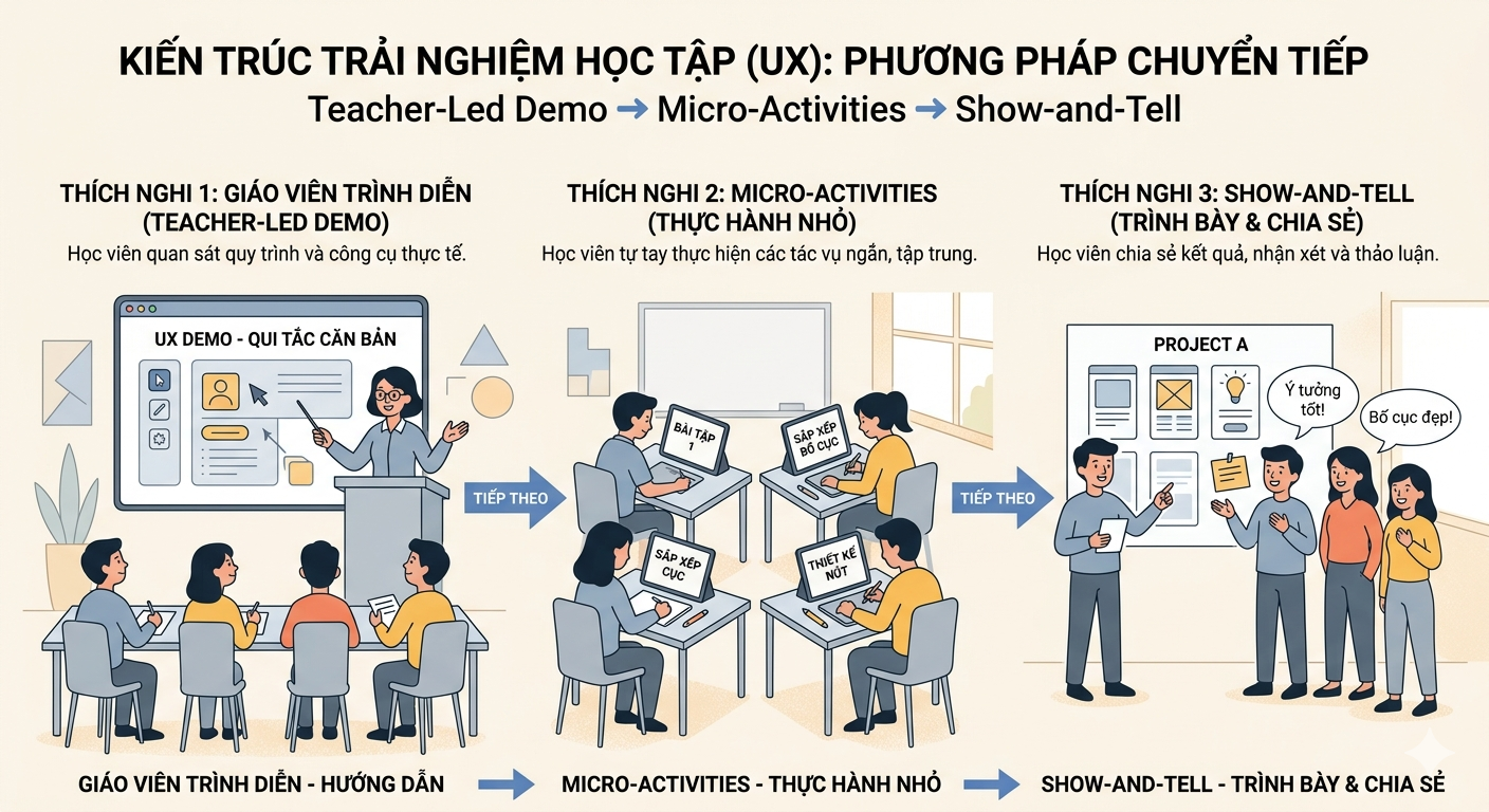 Hình minh họa lớp học tương tác; dùng để mô tả kiến trúc UX bài học: teacher-led demo → micro-activities → show-and-tell