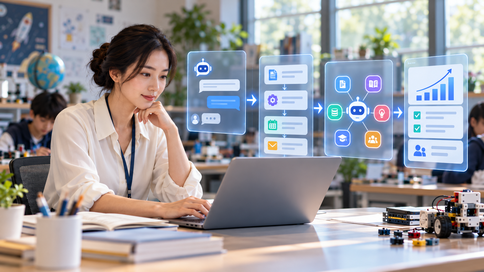 Minh họa trực quan sự khác nhau giữa chatbot, automation và AI agent trong công việc giáo dục.