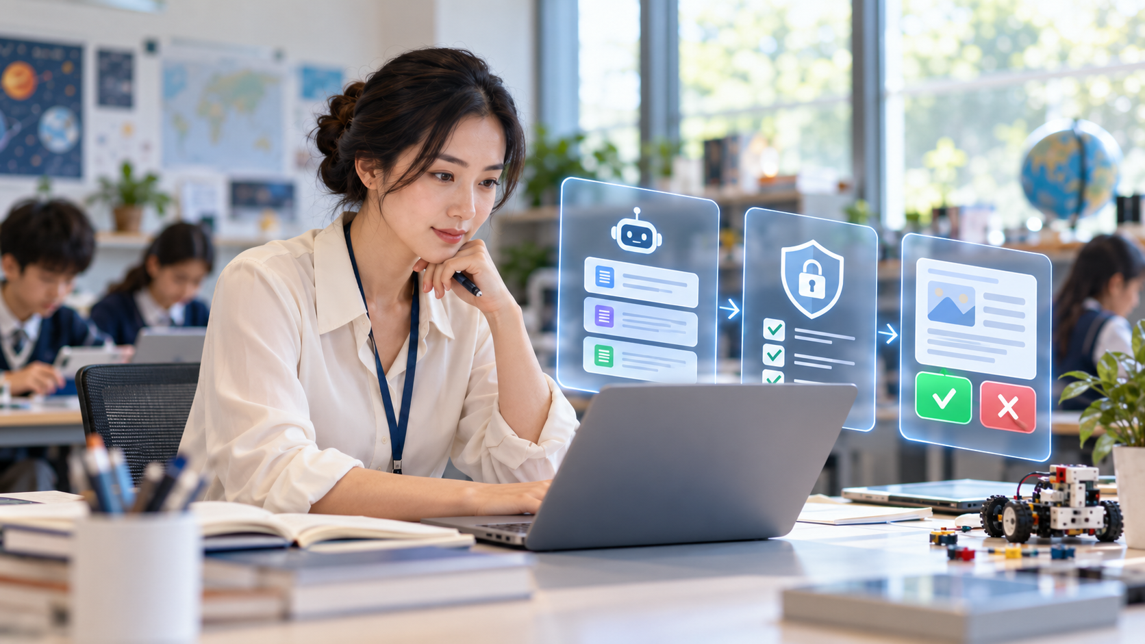 Giáo viên kiểm tra đầu ra AI trước một quyết định có liên quan đến dữ liệu và học sinh.