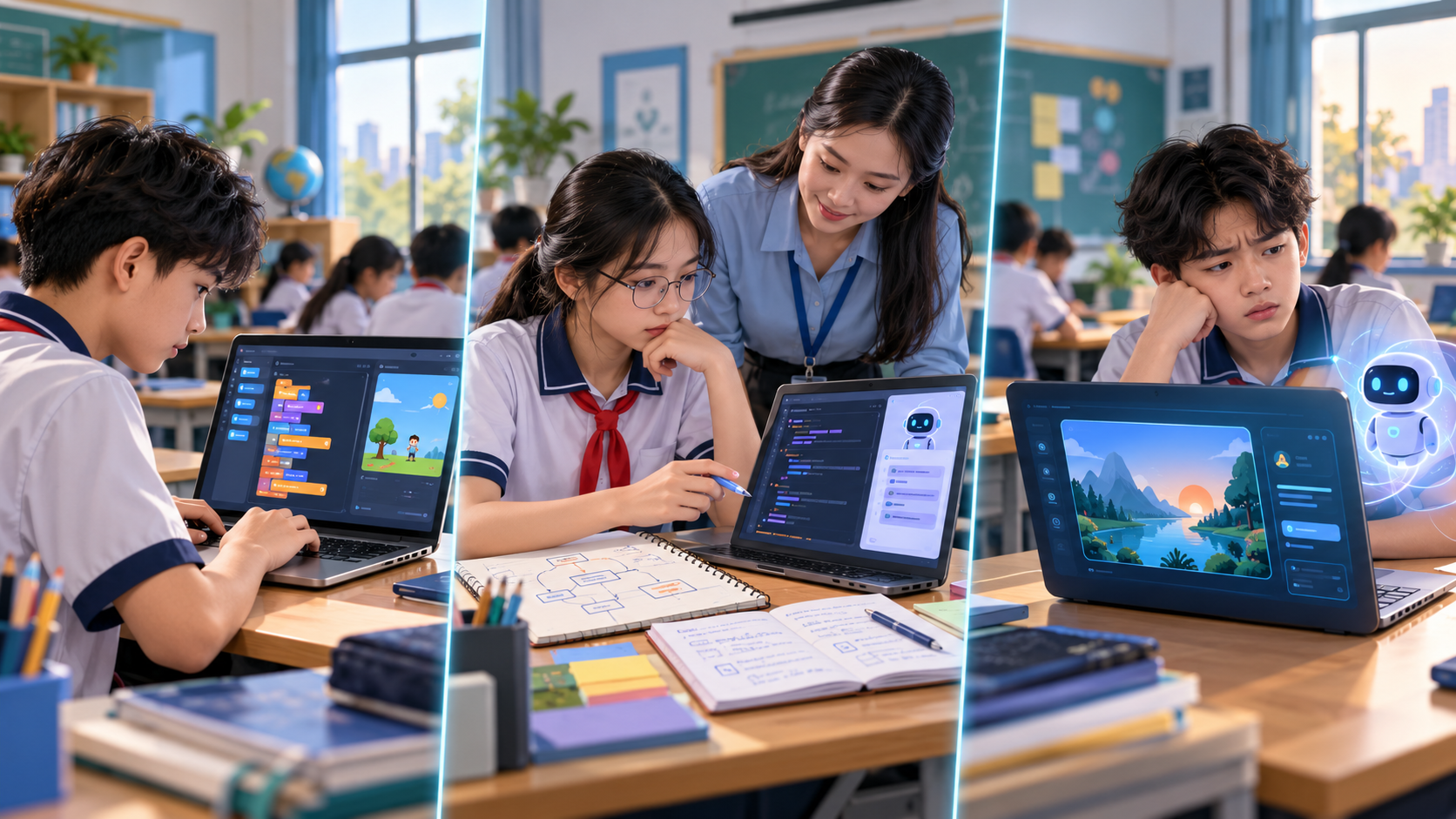 Ba cách tiếp cận lập trình trong lớp học: tự viết, AI hỗ trợ và phụ thuộc AI.