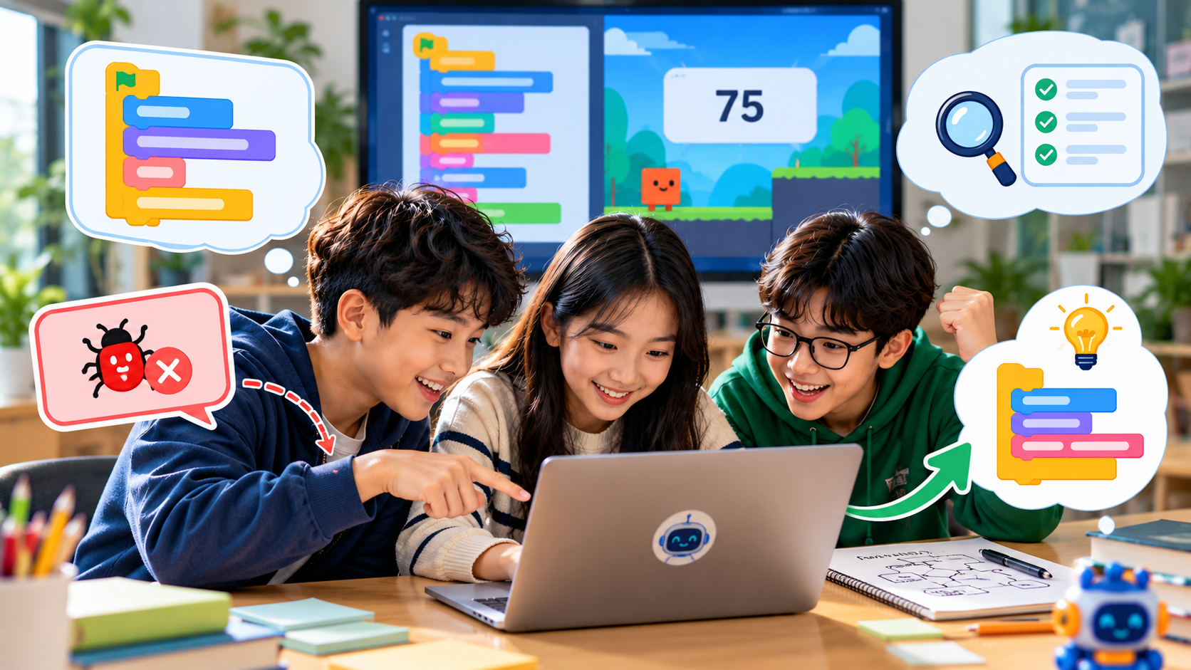 Nhóm học sinh kiểm thử, phát hiện và sửa lỗi trong sản phẩm lập trình.