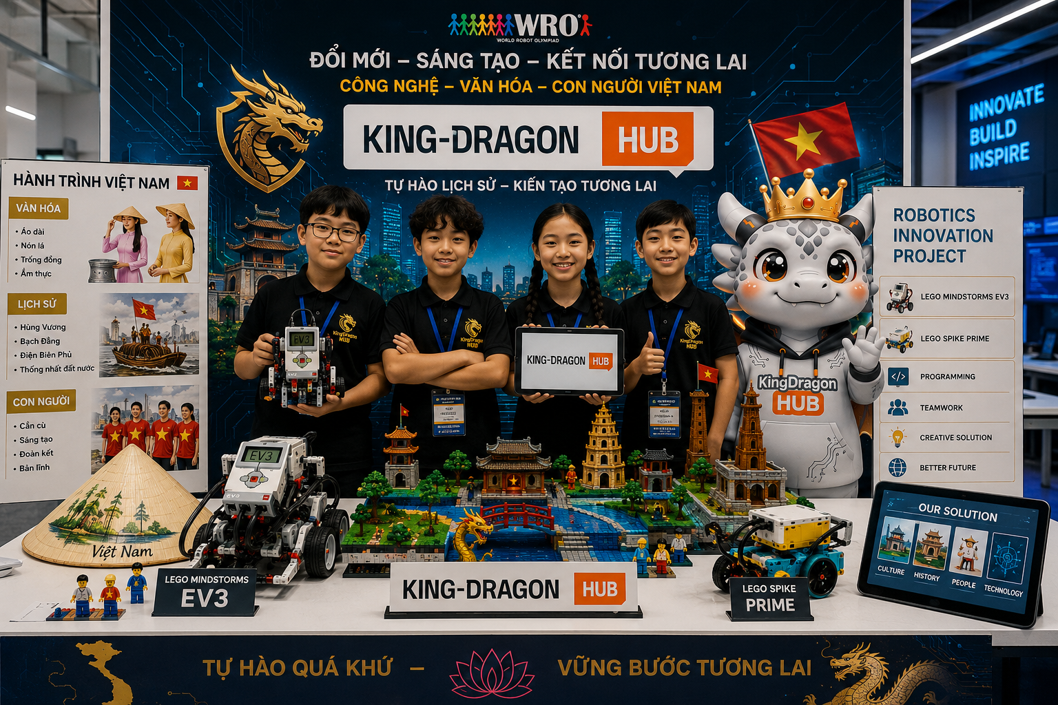 Đội thi WRO tự tin thuyết trình dự án sáng tạo robot kết hợp yếu tố văn hóa đặc trưng truyền thống bên cạnh mô hình giải pháp công nghệ hoàn chỉnh.